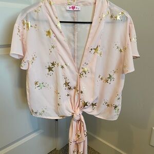 Pink Star-Patterned Tie-Front Top